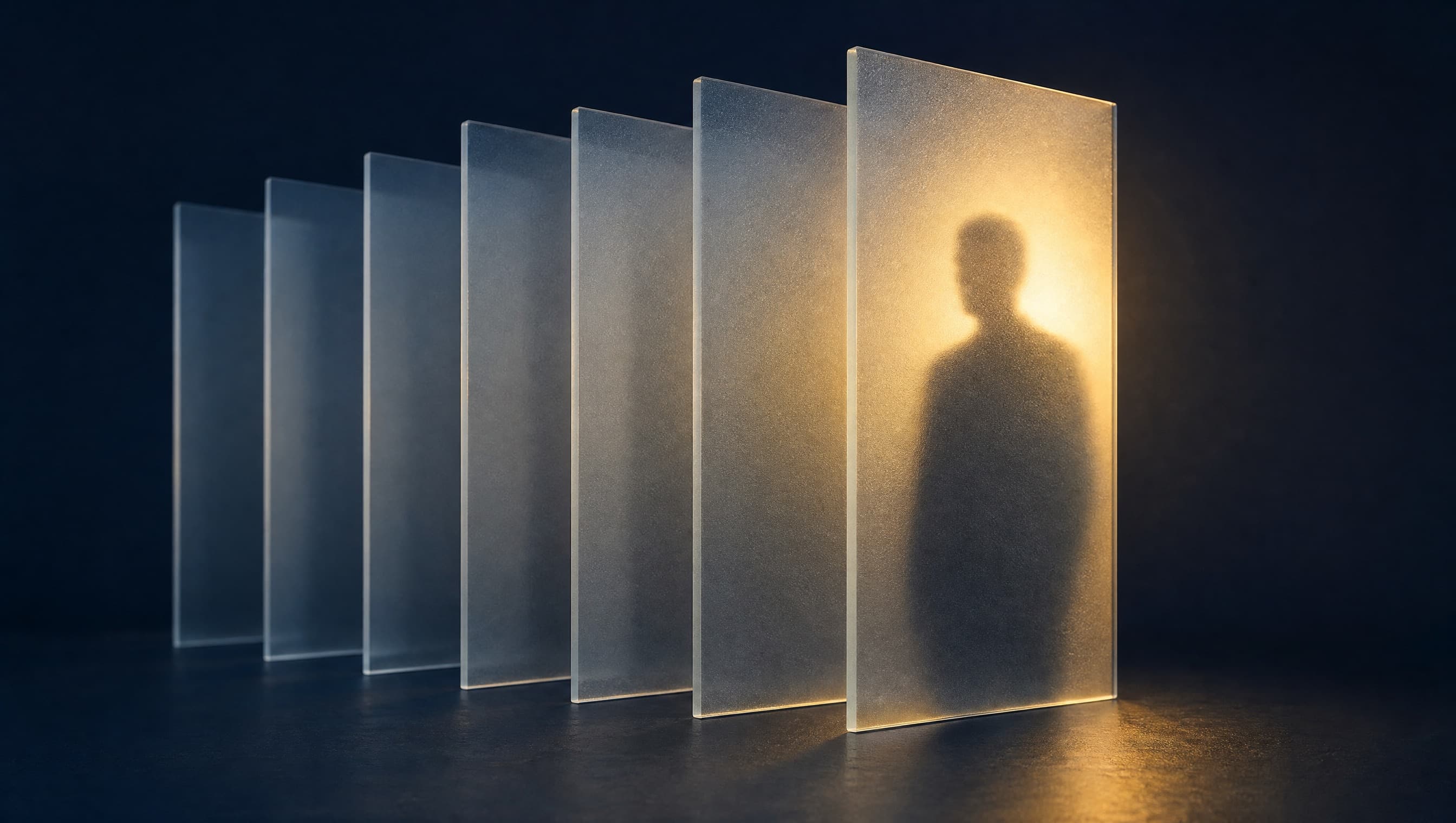 Silhouette révélée derrière des panneaux translucides, symbole du bénéficiaire effectif