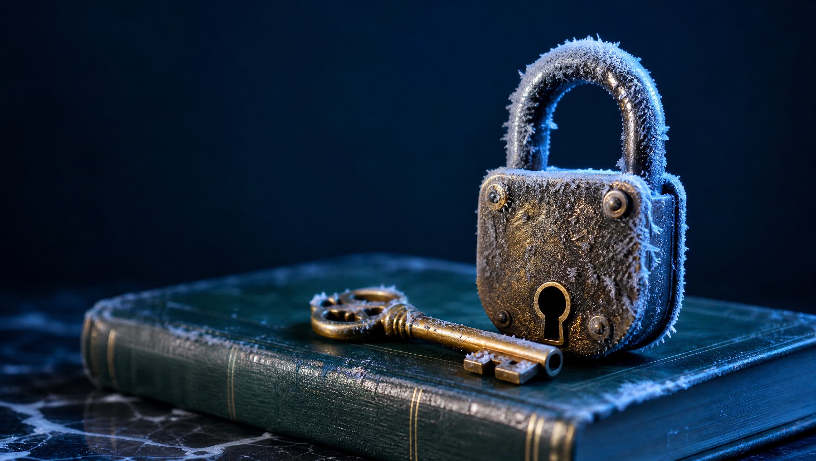 Cadenas givré sur un registre, symbole du gel des avoirs