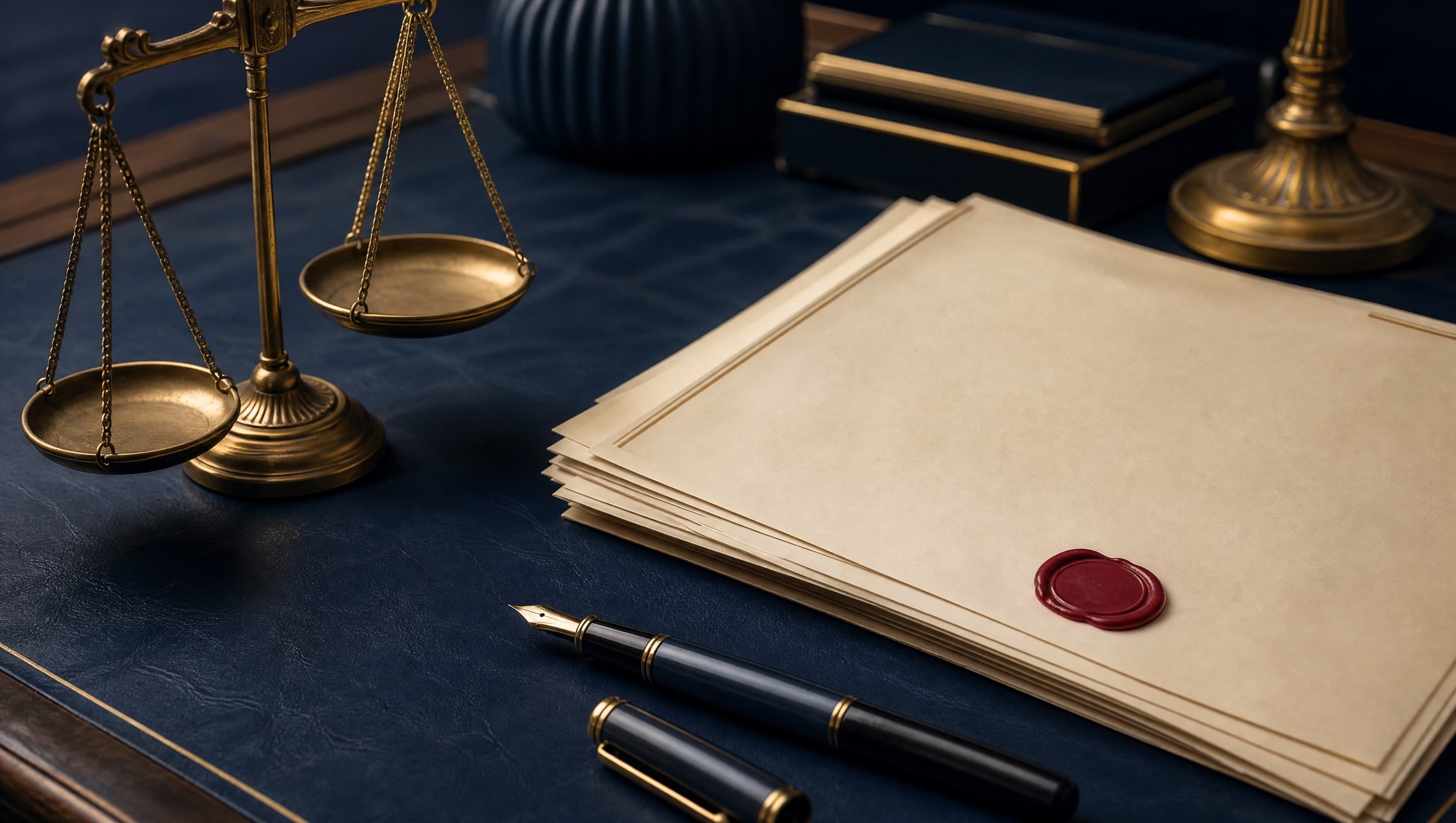 Balance de la justice, sceau et documents sur un bureau de notaire