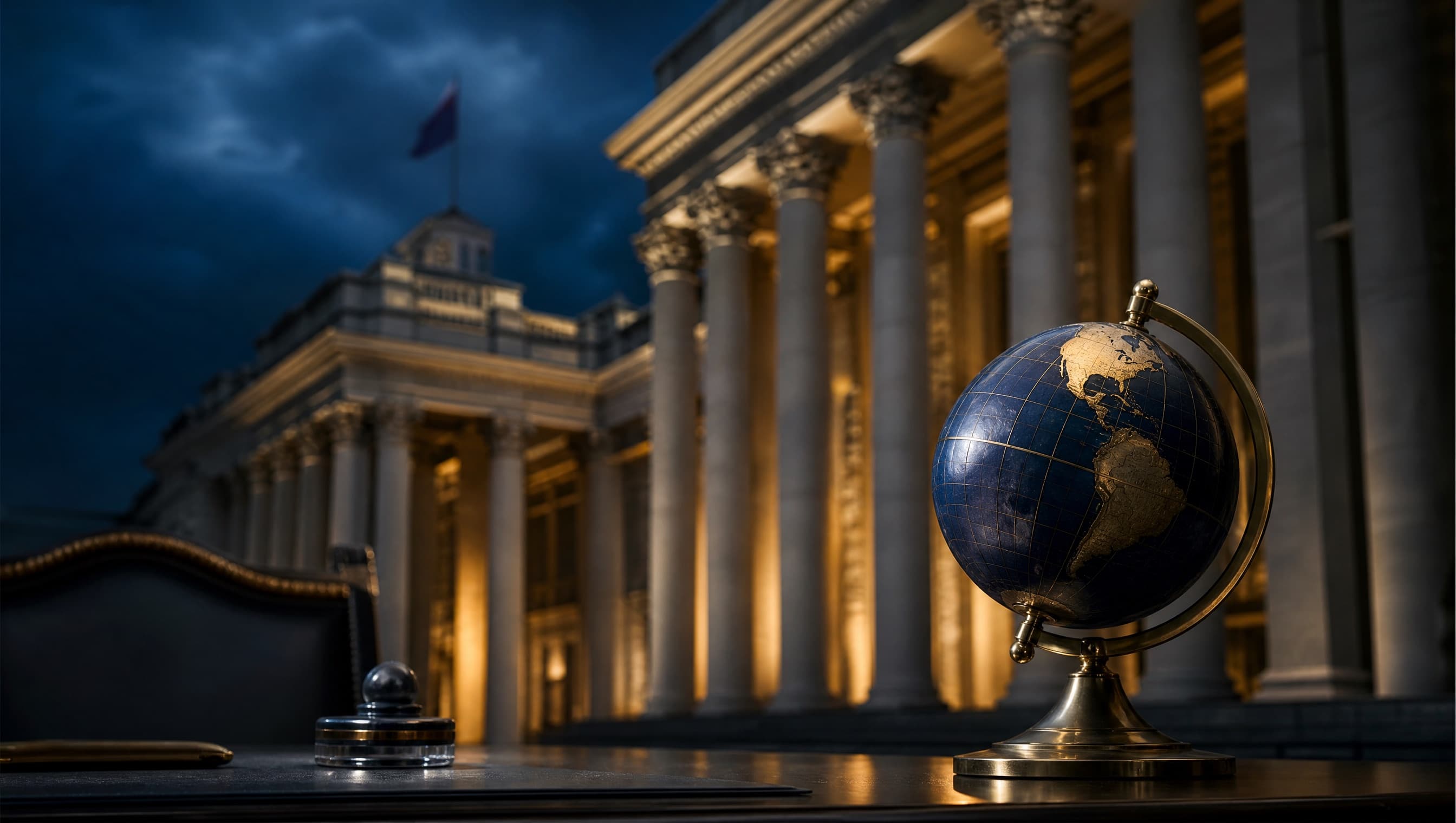 Colonnes d'un bâtiment officiel et globe, symbole des personnes politiquement exposées
