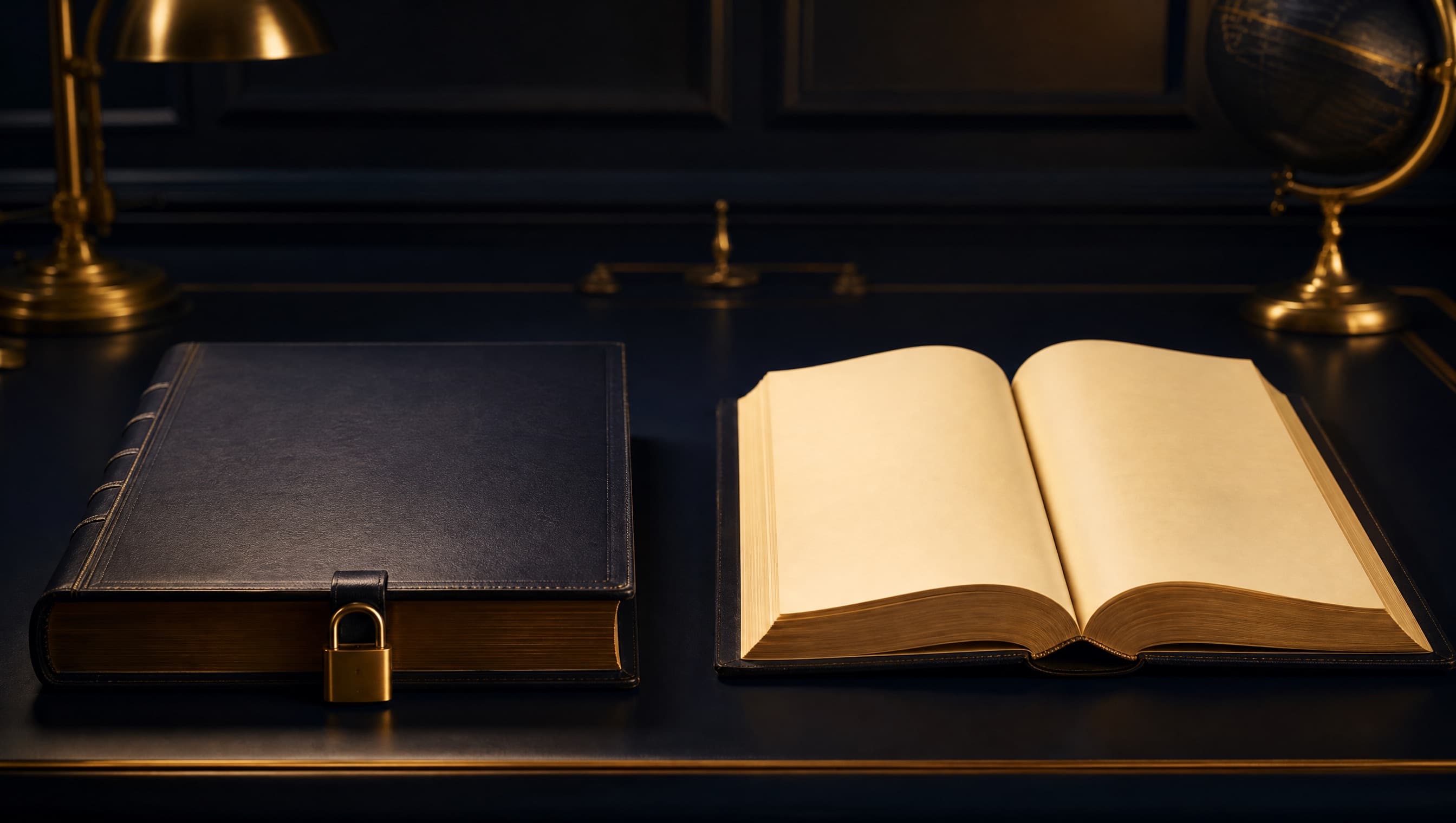 Deux registres sur un bureau, l'un fermé par un cadenas et l'autre ouvert, symbole des bases de criblage propriétaires et ouvertes