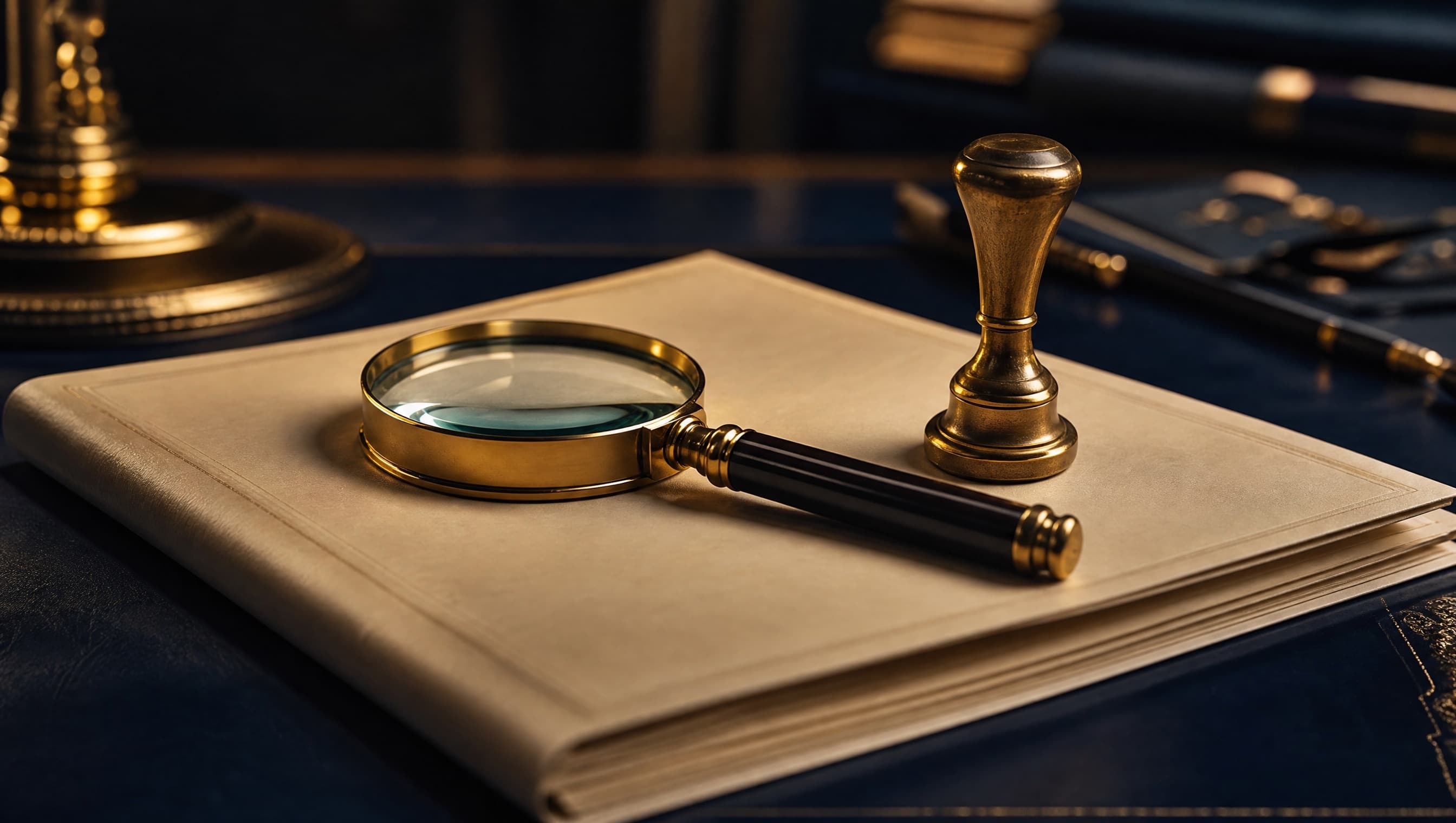 Loupe posée sur un dossier notarial à côté d'un sceau, symbole de la vigilance du notaire